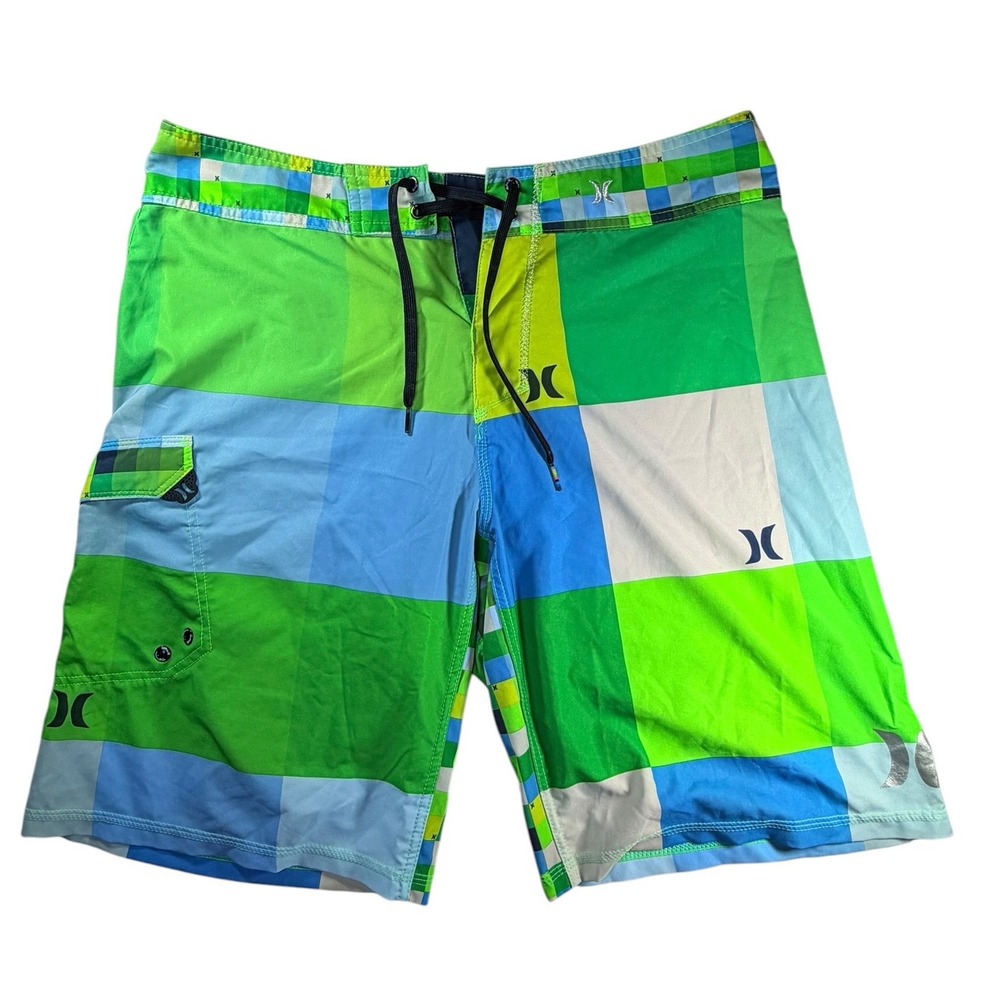 Hurley Board Shorts Mens 33 Green Blue Multi Excellent Y2K Patchwork Swim Trunks